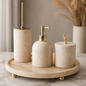 Top Collection of Luxury Natural Travertine Stone <b>Bathroom</b> <b>Accessories</b> <b>Set</b> with Gold Accents Handmade Spa Decor Vanity Organizer - Product Image 1