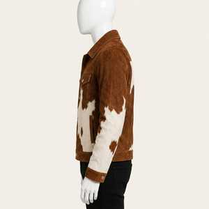 Veste en cuir véritable pour homme, motif vachette, col rabattu, fermeture boutonnée, coupe classique, automne, décontractée - Product Image 4