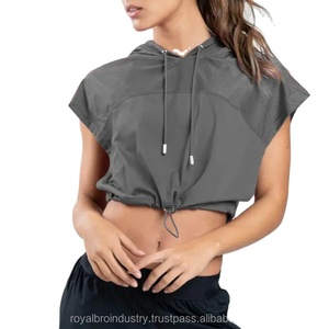 OEM Nueva moda de malla Crop Top Color sólido Ropa de entrenamiento de manga corta de secado rápido con capucha Crop Tops para las mujeres - Product Image 5