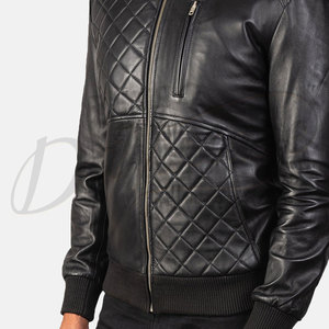 Men Black Genuine <b>Leather</b> Bomber <b>Jacket</b> with Diamond Quilted Front Panels Standing Collar and Ribbed Trim Slim Fit Coat - Product Image 6
