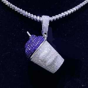 Collar llamativo de plata con colgante de copa de granizado morado con incrustaciones de moissanita brillante, inspirado en el estilo Hip Hop - Product Image 2