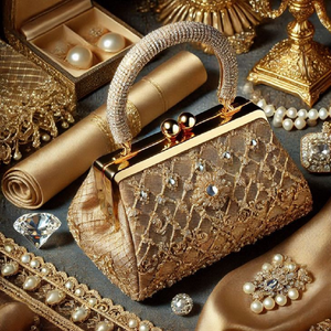 Vintage gold lace and crystal-encrusted evening bag. Delicate, ornate, and stunning. Available at wholesale prices. - Product Image 1