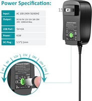 Adaptateur secteur universel 6-24V avec port USB 5V 1A, cordon d'alimentation CC 41W max pour ventilateur, haut-parleur, bande LED