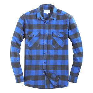 Chemise en flanelle à carreaux bleu vif pour hommes, en coton brossé, manches longues, tissu épais et chaud, chemises utilitaires à double poche - Product Image 1