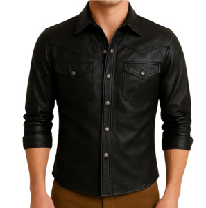 Best Quality Men Leather Casual <b>Shirt</b> Long Sleeve Regular Fit Breathable Stand Street Style <b>Button</b>-Up Customized Leather <b>Shirt</b> - Product Image 1