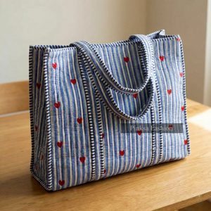 Bolsa de Mano Acolchada de Algodón a Rayas Azules y Blancas con Bordado de Corazón Rojo, Reutilizable, Ecológica, para Compras o Playa, de la Mejor Calidad, al por Mayor - Product Image 6