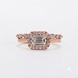 Ensemble de bagues de fiançailles en or jaune 14 carats avec halo, 1,44 carat, ensemble nuptial, bague en diamant taille émeraude antique, cadeau d'anniversaire, alliance assortie - Product Image 2