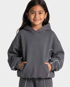 Ensemble de survêtement surdimensionné gris graphite Contrastline personnalisé pour filles, sweat à capuche en molleton de coton et pantalon de survêtement à jambes larges, OEM & ODM - Product Image 3