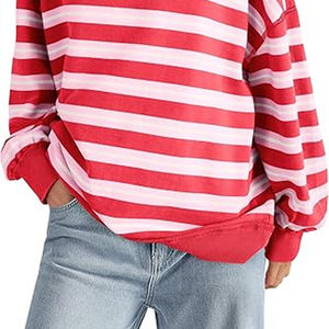 Sweat-shirt rouge et blanc à col rond avec motif à rayures horizontales, coupe ample, manches longues, bordure contrastée des poignets, logo personnalisé, vêtements - Product Image 4
