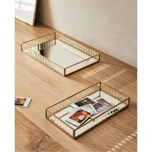 Bandeja Decorativa de Lujo con Espejo Dorado, Organizador de Joyas de Cristal Acanalado, Plato de Almacenamiento de Cosméticos para Tocador, Decoración para Bodas y Hogar - Product Image 1