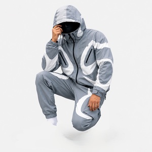 2026 Men's Gray Hooded Tracksuit Full <b>Zip</b> <b>Sweatshirt</b> & Pants Set Geometric Print Streetwear Autumn Wear Windproof 100% Polyester - Product Image 5