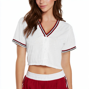 Maillot court de baseball noir à rayures pour femme, col en V, manches courtes, style sport - Product Image 4