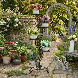 Support à fleurs vintage en métal à 5 niveaux, design circulaire, pour l'intérieur et l'extérieur, présentoir de plantes de jardin, style rustique, finition non enduite - Product Image 4