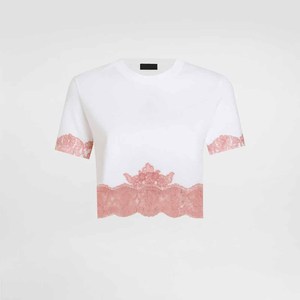 Crop top blanc pour femme avec bordure en dentelle rose, manches courtes, col rond, t-shirt en tricot, style mignon printemps été - Product Image 4