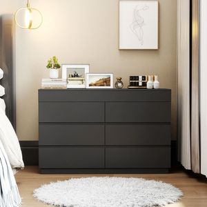 Comò a 6 cassetti con specchio 120x40x85,5 cm, mobile in truciolato goffrato nero con impiallacciatura in melamina - Product Image 4