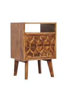 Mesita de noche de madera de mango tallado bohemio con dos cajones y estante abierto para sala de estar de apartamento - Product Image 2