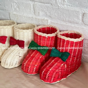Handmade Rattan Christmas Boots <b>Red</b> With Green <b>Bow</b> Traditional Holiday Decoration Eco Friendly Craft Gift - Product Image 6