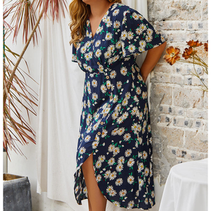 Vestido Casual de Verano Bohemio para Mujer Talla Grande, con Estampado Floral, Cuello en V, Manga Abullonada, Cintura Imperio, Línea A, Largo hasta la Rodilla - Product Image 3