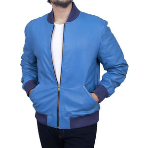 Men's Blue PU Leather Bomber <b>Jacket</b> Turn-down Collar Zipper Closure Casual Autumn Wear Regular Sleeve Solid Color - Product Image 6