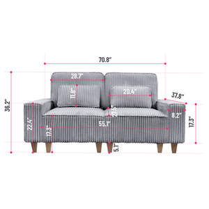 Canapé 2 places confortable en velours côtelé avec assise profonde, porte-gobelets en acier inoxydable brossé et 2 coussins décoratifs pour salon - Product Image 3