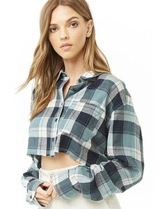 Custom Women's Plus Size Spring Casual Short Sleeve <b>Crop</b> Flannel Shirt Plaid Button-Up OEM 100% Cotton Eco-Friendly <b>Top</b> - Product Image 2