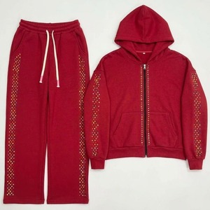 Ensemble de survêtement en molleton de coton épais de haute qualité avec sweat à capuche zippé personnalisé et pantalon de jogging orné de strass - Product Image 5