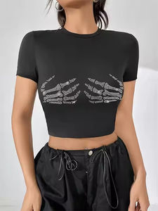 T-shirt court tendance à prix de gros, personnalisable selon la demande du client, haute qualité, grande taille, avec strass - Product Image 4