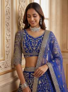 Ensemble Lehenga Choli traditionnel indien pour mariage, avec broderie de sequins et de jari, Choli et Dupatta, en soie et tissu résille, longueur ras du sol, tendance - Product Image 2