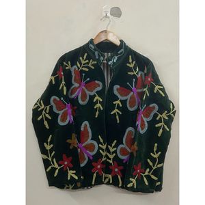 Hand Embroidered <b>Velvet</b> Knitted Cotton <b>Jacket</b> <b>Women</b> Mandarin Collar Full Sleeve Floral Pattern Open Front Prairie Winter/Spring - Product Image 1
