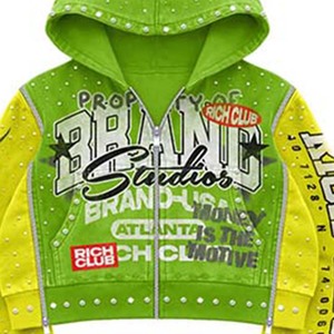 Conjunto de Sudadera con Capucha y Pantalones para Hombre, Estampado Digital Verde y Amarillo, Estilo Urbano, Dos Piezas, con Cierre de Cremallera y Bolsillos con Cordón - Product Image 3