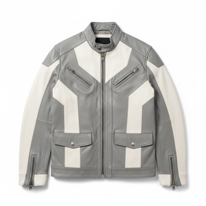 Chaqueta de Cuero para Motociclista Blanca y Gris Personalizada para Hombre, Cuero Genuino, Fabricante OEM, Proveedor Mayorista - Product Image 1