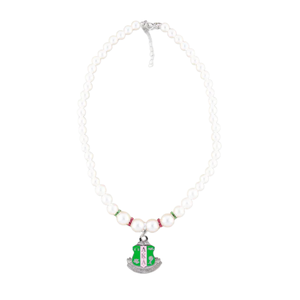 White Pearl Necklace with Green and Silver Shield Charm Plus Pearl Jewelry Gift Box Elegant Fashion Necklace for Women - Product Image 1