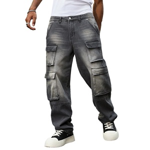 Jean cargo homme 2026 coupe large multi-poches en denim délavé, style streetwear décontracté - Product Image 1