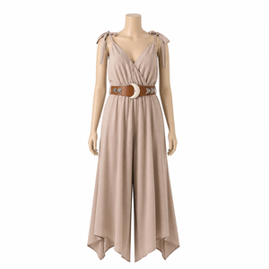 Combinaison élégante sans manches pour femme, coupe large, col en V, ceinturée, style bohème, séchage rapide, idéale pour la plage et les vacances d'été - Product Image 1
