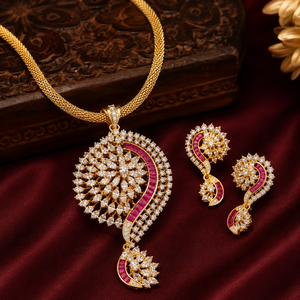 LISAJEWELLERS Ensemble Collier et Boucles d'Oreilles en Laiton Rouge Rubis Royal Motif Paisley Plaqué Or Zircon Bijoux de Mariage et de Fête pour Femme Classique - Product Image 4