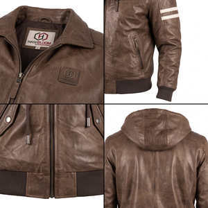 Blouson de motard unisexe en cuir marron enduit, écologique, décontracté, à capuche, avec fermeture éclair sur le devant et poignets côtelés - Product Image 4