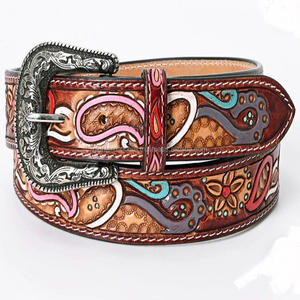 Costuras blancas y diseño colorido tallado a mano, cinturón de herramientas de cuero occidental marrón para hombres con hebilla de latón antiguo de diseñador - Product Image 4