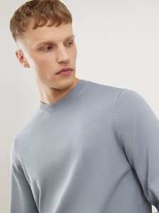 Pull à col rond bleu clair pour homme, coupe classique, tricoté, 100% coton, vêtement décontracté d'automne, couleur unie, manches longues - Product Image 3