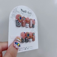 Kuku Palsu Buatan Tangan Custom Grosir Motif Zebra French Tip Berwarna-warni Hiasan Permata Rhinestone Rantai Logam Dapat Digunakan Kembali Full Cover Nail Art