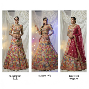 Lehenga Choli de luxe pour mariage, conçu par des créateurs |   Robe de mariée multicolore en dentelle à sequins et broderies de cristaux, coupe trapèze, longueur ras du sol, sur mesure - Product Image 4