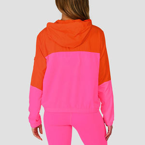 Color Blocked Hooded <b>Racer</b> <b>Jacket</b> Full Sleeve Zipper Windproof Women's Outerwear Spring Lightweight Pink Orange Contrast - Product Image 3