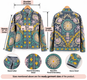 Chaqueta de terciopelo gris bordada a mano india para mujer, abrigo bohemio floral Suzani de invierno - Product Image 3