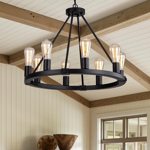 Wholesale Industrial Wagon Wheel Chandelier Bulk Matte <b>Black</b> Round Pendant <b>Light</b> Factory Price Retro Edison <b>Bulb</b> Hanging Lamp - Product Image 3