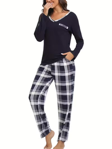 Women's Long-Sleeve V-Neck Animal Print Pajama Set Soft 100% Cotton Breathable Luxury Spring Drawstring Closure Jersey Fabric - Product Image 2