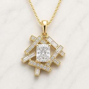 Radiant Cut Diamond Geometric <b>Pendant</b> with Round & Emerald Cut Bar Accents <b>Solid</b> <b>Gold</b> Modern Statement Necklace Gift For Her - Product Image 1