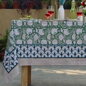 Handblock Printed <b>Tablecloth</b> Green and White Vintage <b>Tablecloth</b> Farmhouse Decor Wedding <b>Tablecloth</b> Custom Size Cotton Tablecover - Product Image 1