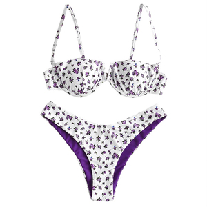 Conjunto de bikini con estampado floral para mujer, top push-up, parte inferior tipo tanga, ribete en contraste, traje de baño elástico de 2 piezas - Product Image 1