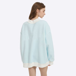 Women's Winter Light Blue Oversized Mock Neck Sweatshirt Contrast White Collar Cuffs Premium Textured Fleece Long Sleeve Front - Product Image 5