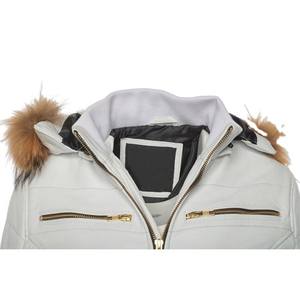 Veste en cuir de mouton matelassée blanche tendance pour femme, avec fourrure et capuche amovible, fermeture éclair, manteau d'hiver - Product Image 5