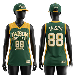 Maillot de basket rétro 180 GSM en maille polyester premium, panneaux latéraux vert-or, logo personnalisé en twill sublimé - Product Image 1